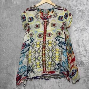 Johnny Was Tunic Top Womens XS Multicolor Silk Ikat Print Asymmetric Hem Boho